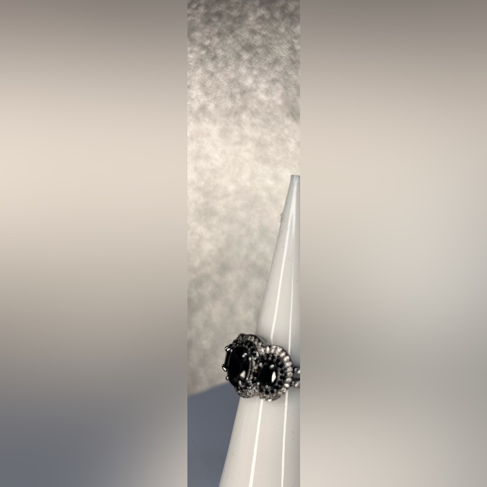Black Onyx Lab Created with Pave Cubic Zirconia Ring on Hematite Plating Size 5 - Picture 4 of 4